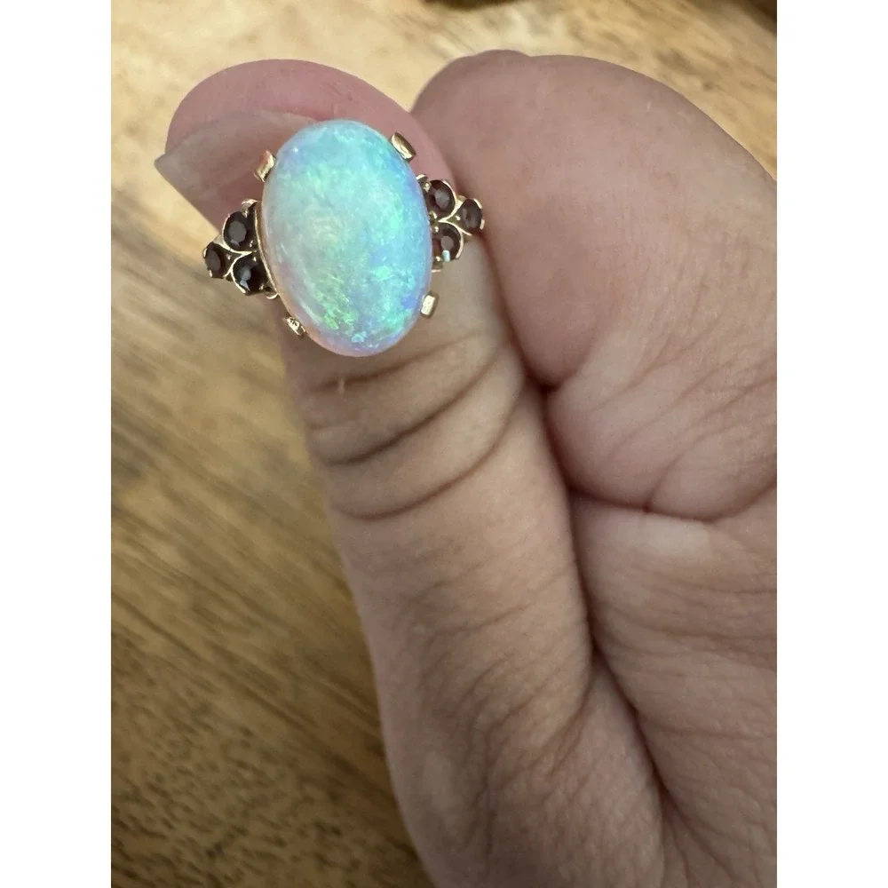 Vintage Large Natural Crystal Australian Opal & Ruby Ring 14K Size 8.75